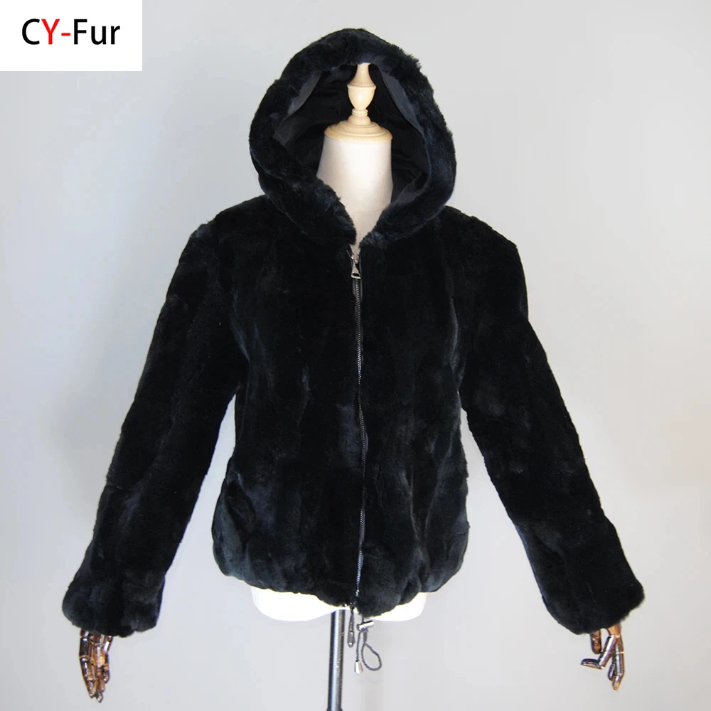 

New Women Winter Warm Russian Lady 100% Natural Rex Rabbit Fur Hooded Coats Real Rex Rabbit Fur Jackets Hot Genuine Fur Overcoat