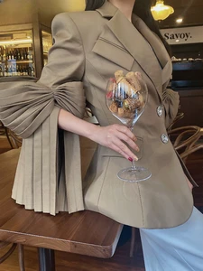 High-Grade Bow Sleeve Suit Jacket for Women 2024 Spring Socialite Retro Goddess Fan Street Khaki Blazer