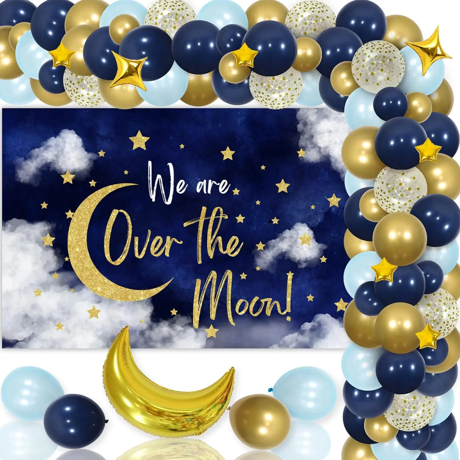 

Over The Moon Baby Shower Decorations Navy Blue Gold Balloon Kit Over The Moon Backdrop for Outer Space Pregnancy Celebration