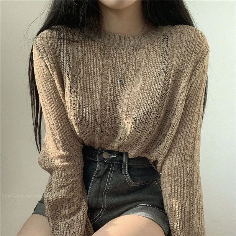 

Rimocy Korean Style Loose Knitting Sweater Women 2023 New Hollow Out Long Sleeve Jumper Woman Solid Color Basic Smock Tops Mujer