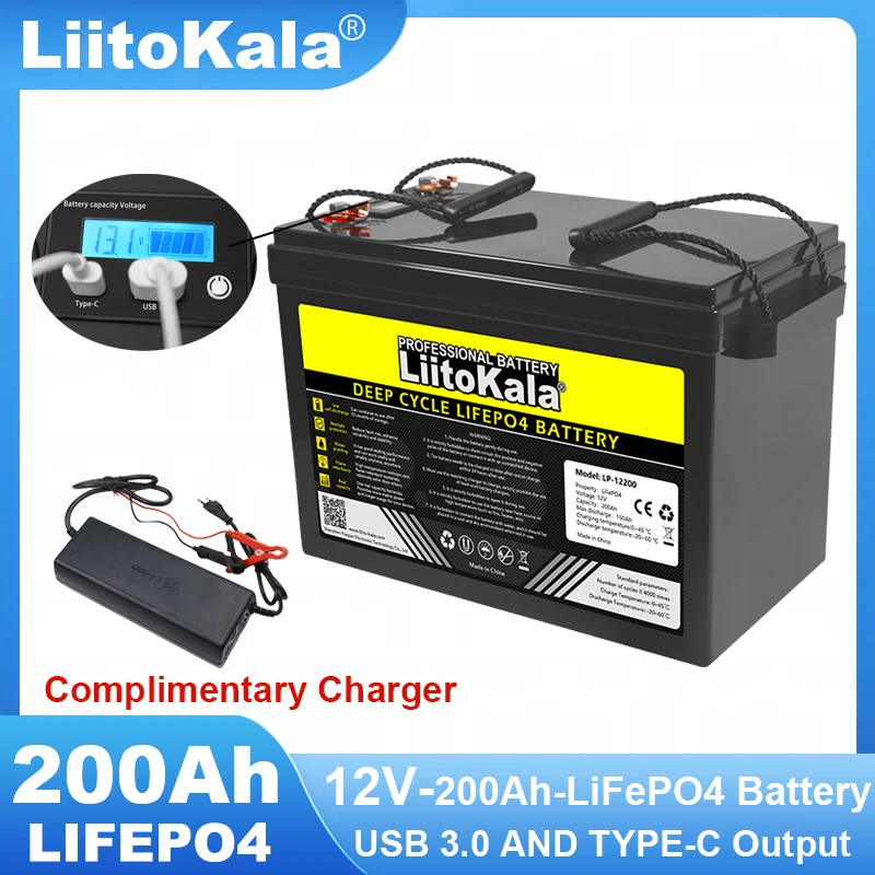 LiitoKala 12.8V 200Ah LiFePO4 battery 12V 4 String BMS USB 3.0 For Campers Golf Cart Off-Road Solar Wind 14.6V Charger TAX FREE