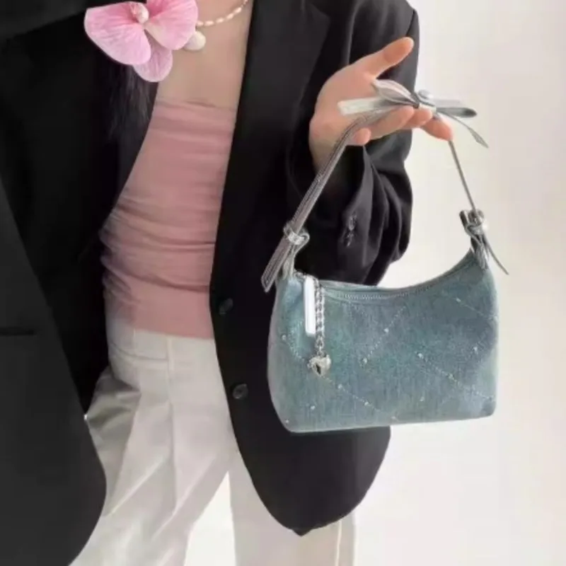 JIAERDI Blue Hotfix Denim Handbag Women Vintage Diamond Stitching Bow Underarm Bag Ladies Hot Girl Y2k Aesthetics Crossbody Bag