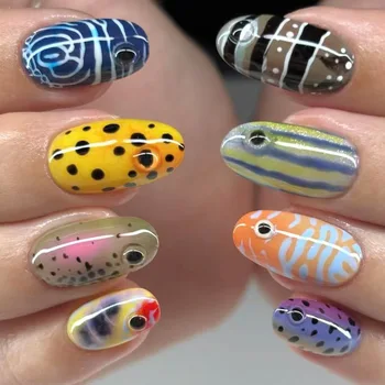 24pcs Hand-painted Tropical Fish Pattern False Nails Summer Day Colorful Almond Fake Nails Polka Dot Sweet Cool Press On Nail