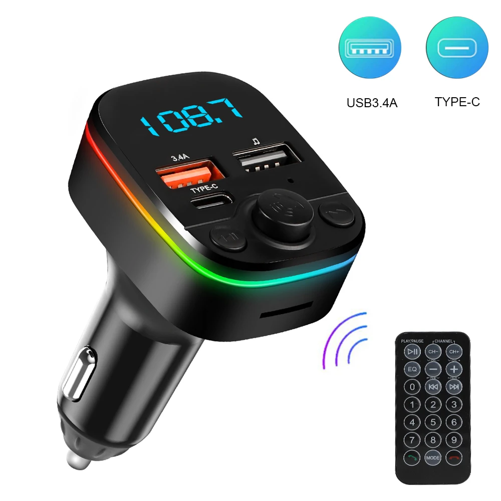 차량용 FM 송신기 블루투스 5.0 핸즈프리, C타입 듀얼 USB 3.4A 고속 충전기, 주변광 담배 라이터 FM 변조기