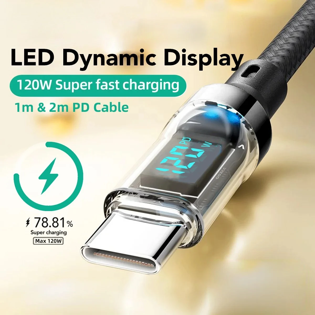 120W LED 디스플레이 USB C 고속 충전 케이블, 편조형 C to C & A..