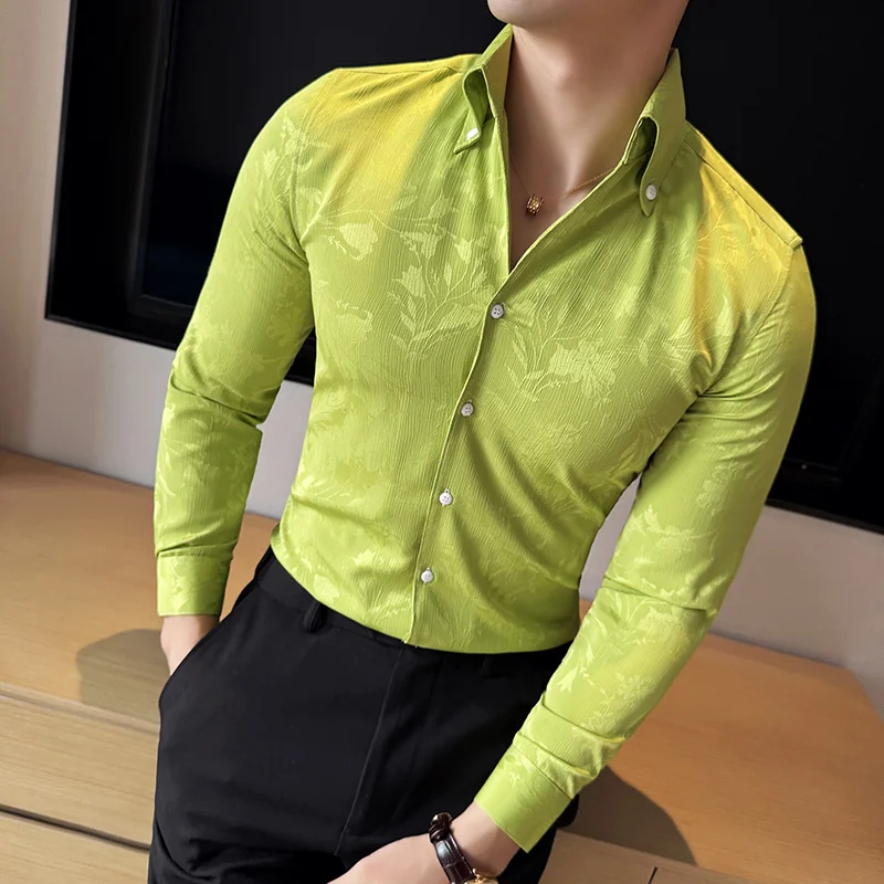 

2024 Spring Jacquard V-neck Shirt for Men Lonf Sleeved Casual Business Dress Shirt British Style Social Streetwear Men Clothing