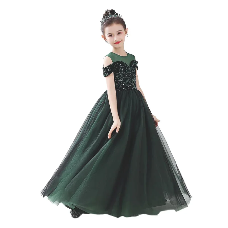 

Elegant Junior Bridesmaid Sequin Tulle Dress for Weddings Floor-length Drop-Sleeve Birthday Dress for 1-14Y Kids Pageant Gown