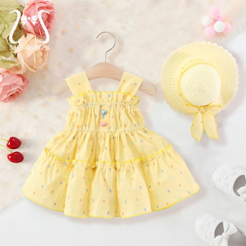 2Pcs/set Fashion Summer Colorful Love Baby Girl Dress Sweet Newborn Children Clothes Infant Kids Outfit Send Hat Toddler Costume