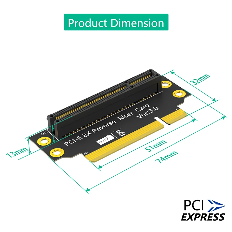 PCIE X8 3.0 90 도 리버스 수-암 라이저 카드, PCI 익스프레스 8X 에서 8X 변환 카드 어댑터, 1U 서버용 라이저 보드, 32mm