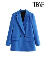 TRAF Women Chic Office Lady Double Breasted Blazer Vintage Coat Fashion Notched Collar Long Sleeve Ladies Outerwear Stylish Tops 1