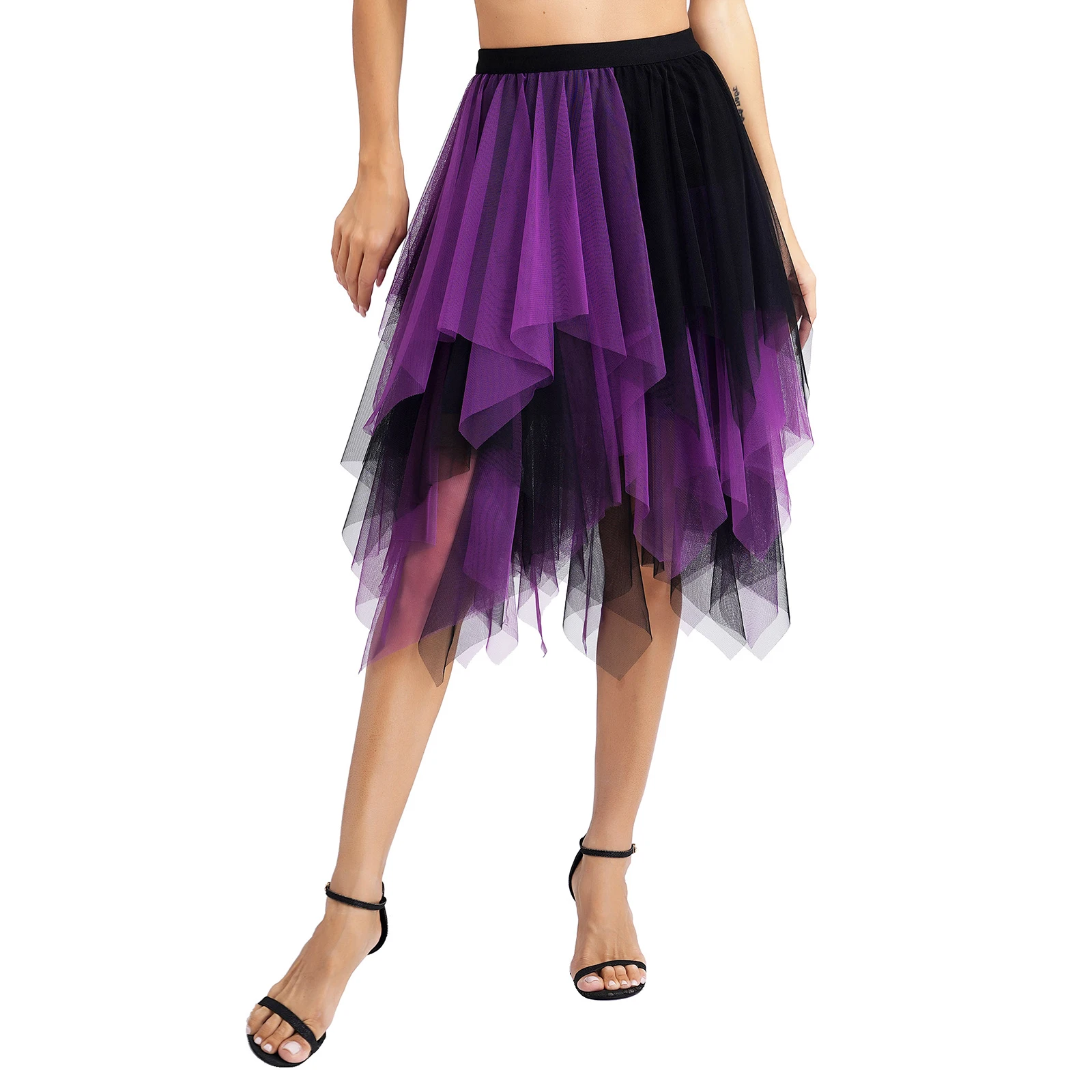 

Womens Contrast Color Tiered Ruffled Tulle Skirt Dance Performance Costumes High Waist Wide Elastic Waistband Irregular Skirts