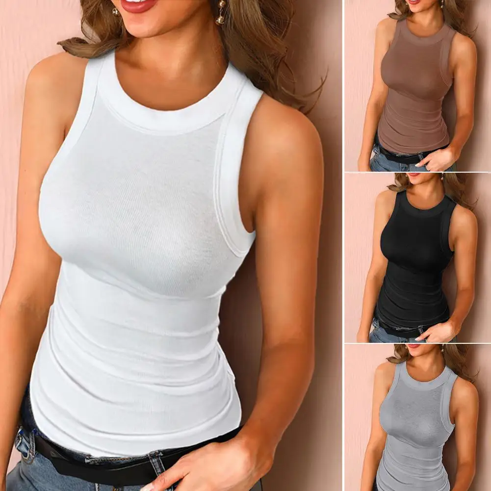 

Simple Women T-shirt Solid Color Round Neck Streetwear Pure Color Slim-fitting Vest Top