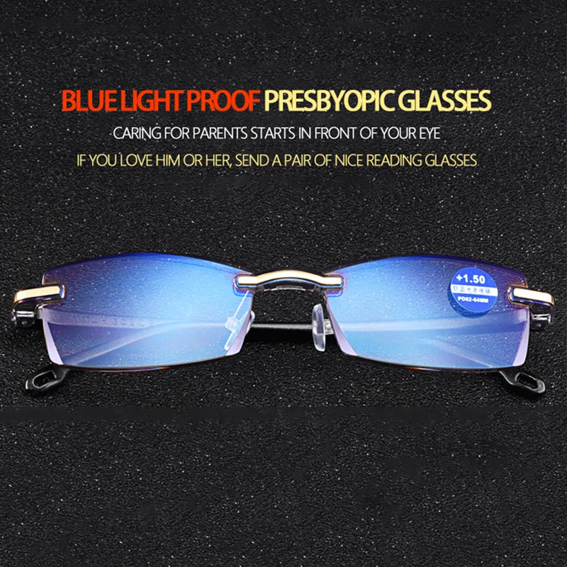 TR90 Anti Blau Licht Blockieren Randlose Lesebrille Frauen Männer Platz Rahmenlose Presbyopie Brille Dioptrien + 1,0 1,5 2 2,5 4,0