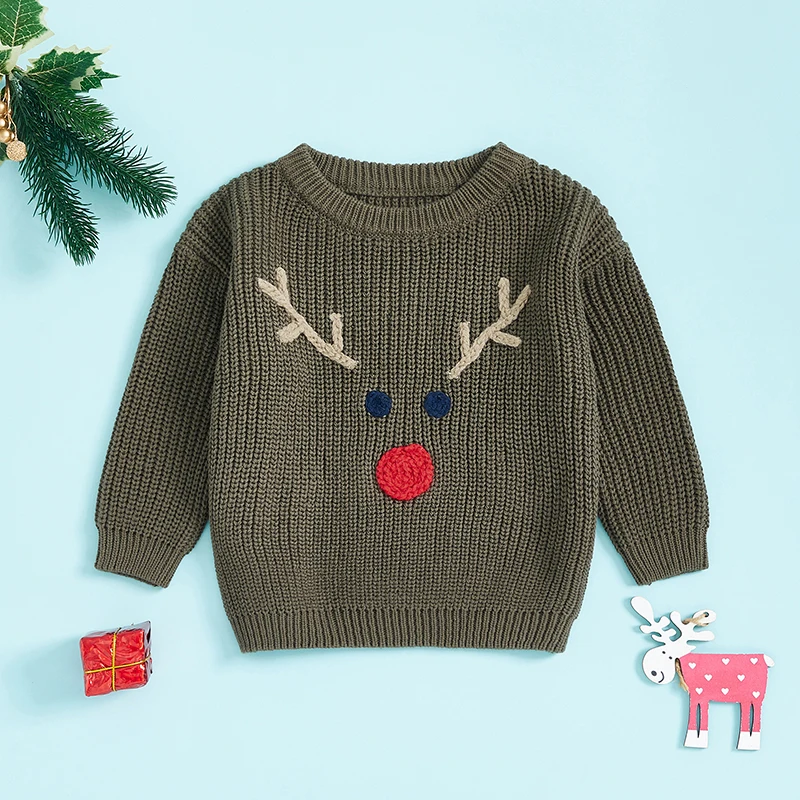 Baby Boy Girl Christmas Sweater Reindeer Pattern Long Sleeve Round