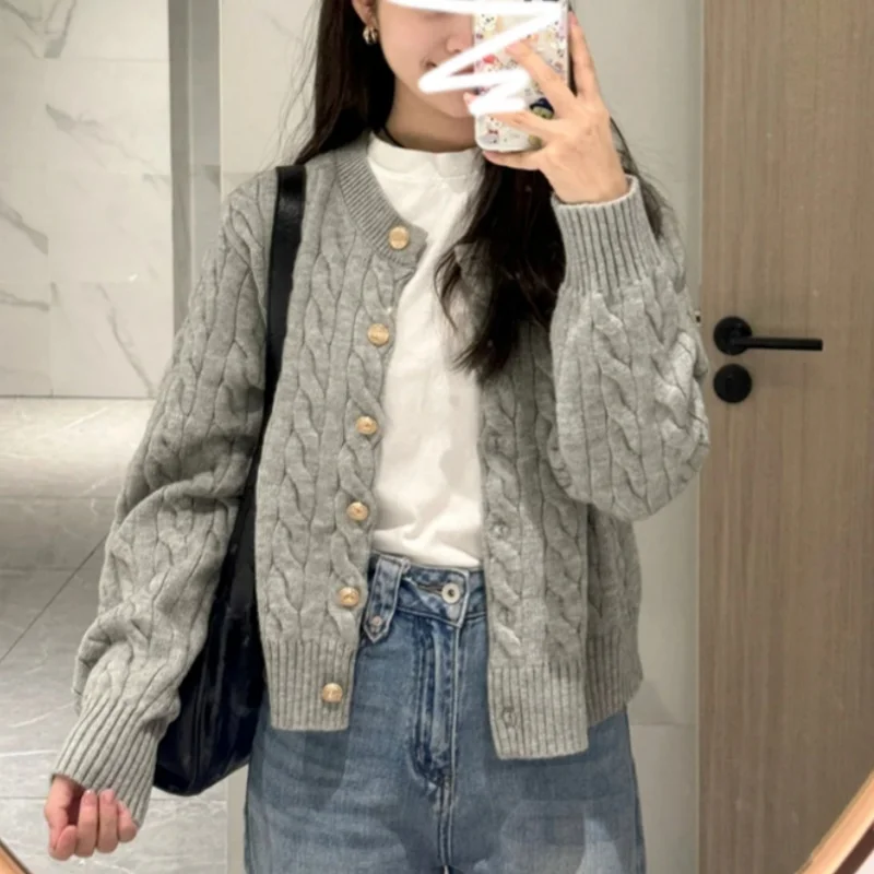Grey Knitted Women Long Sleeve Cardigan Sweater