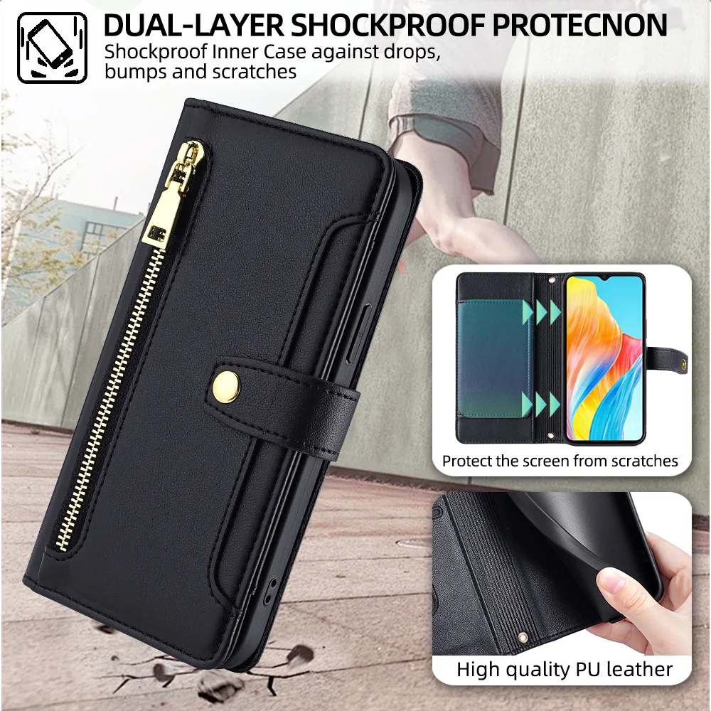 Elegant Magnetic Flip Wallet Case - Durable Leather Cover with Long Lanyard