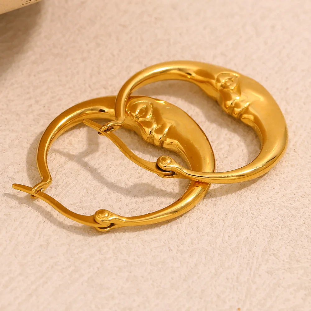 18K Gold Plated Abstract Moon Hoop Earrings for Women Stainless Steel Unique Waterproof Jewelry Charm Statement Earrings Gift