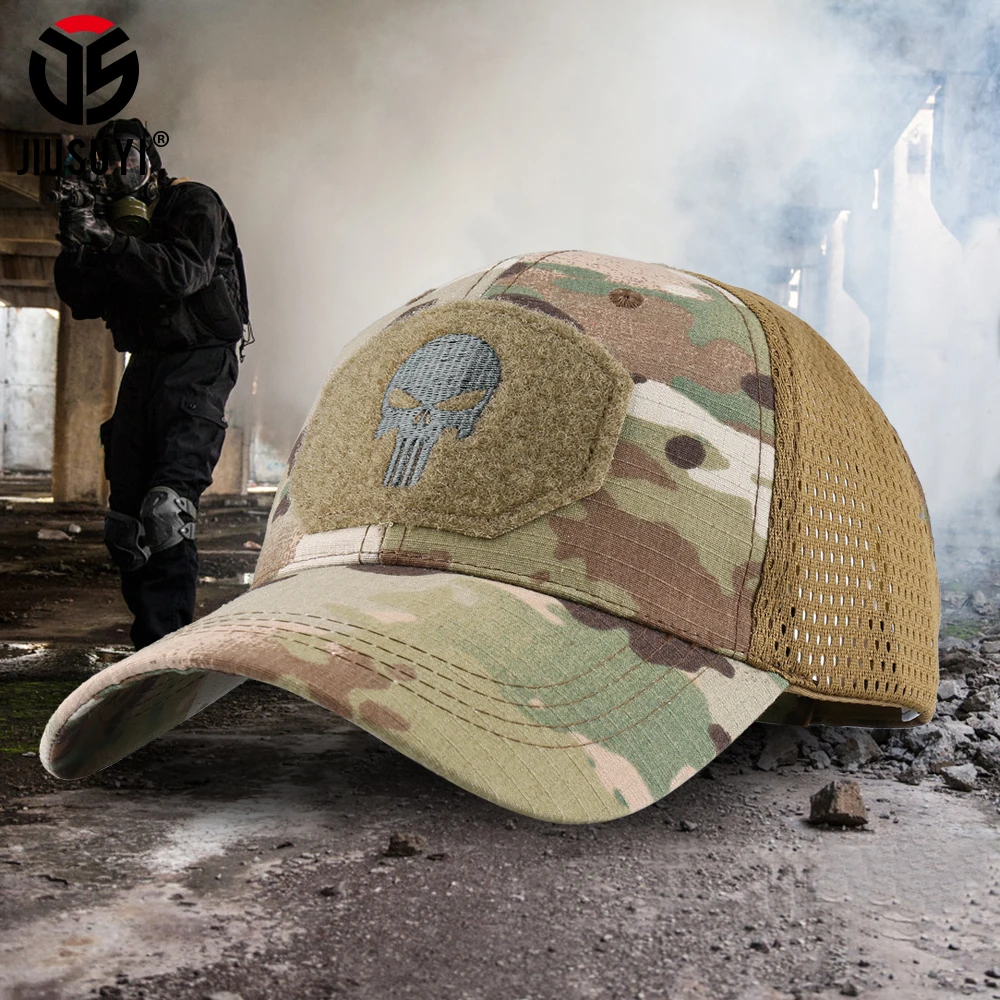 Outdoor Skull Camo Baseball Hat Tactical Army Fans Duck Tongue Hat Velcro Grid Embroidered Sun Protection baseball cap,camouflage hat