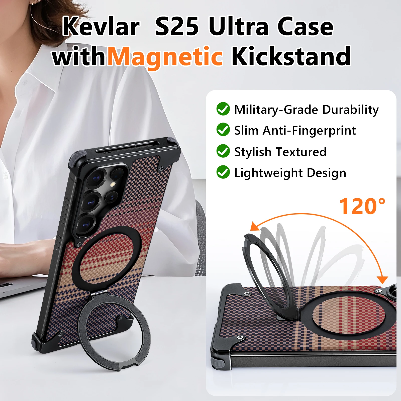 Eary for Samsung Galaxy S25 Ultra Phone Case With Stand Magnetic Kevlar Fiber Texture Cover Metal Frame Shockproof Bumper Shell