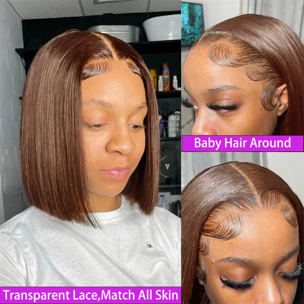 Perruque Bob Courte Vietnamienne 100% Cheveux Humains Couleur Brun Chocolat 13×4 Full Lace Frontal Double Drawn pour Femmes Noires