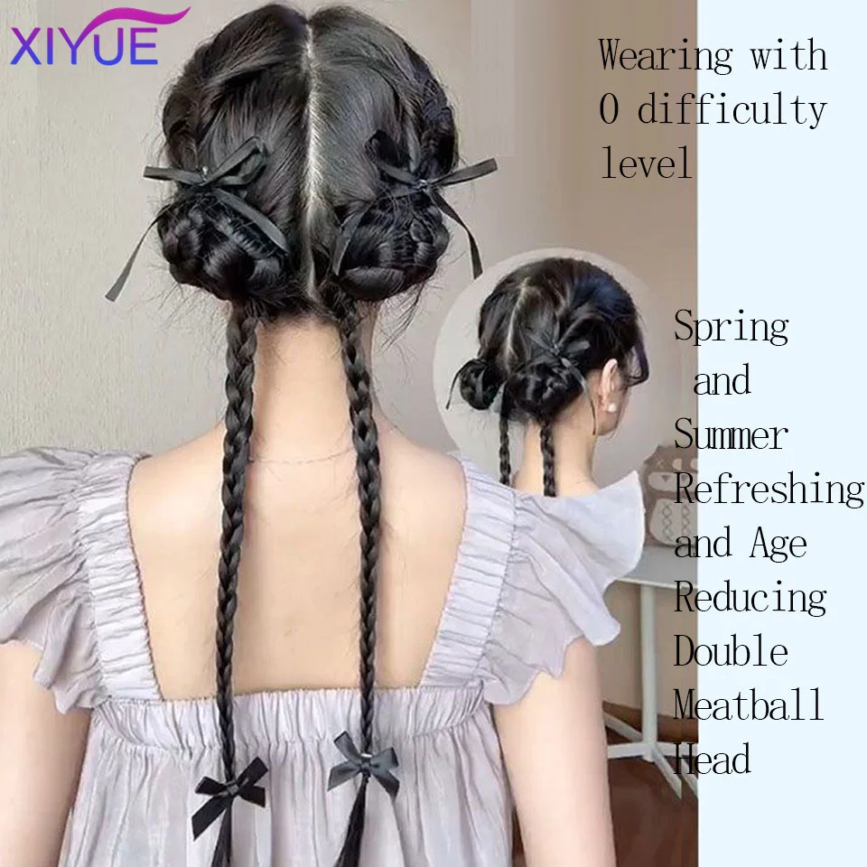 XIYUE Wig Bubble Braid Double Ponytail Fuffy Imitation Fried Dough Twists Braid Ponytail Wig