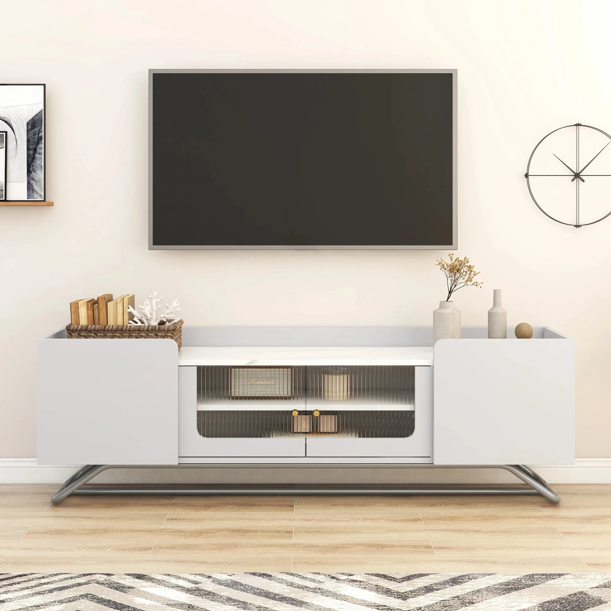 Mobile Tv, Bellissima Porta In Vetro. Piano Del Tavolo In Struttura In Marmo Lucido, Con Ripiano, Con Parete, 150X30X47 Cm. Bianco.