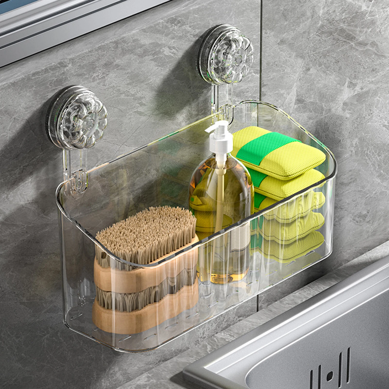 

Punch-Free Hollow Storage Box With Suction Cup Durable Toiletries Shelf Organiser For Home Washbasin