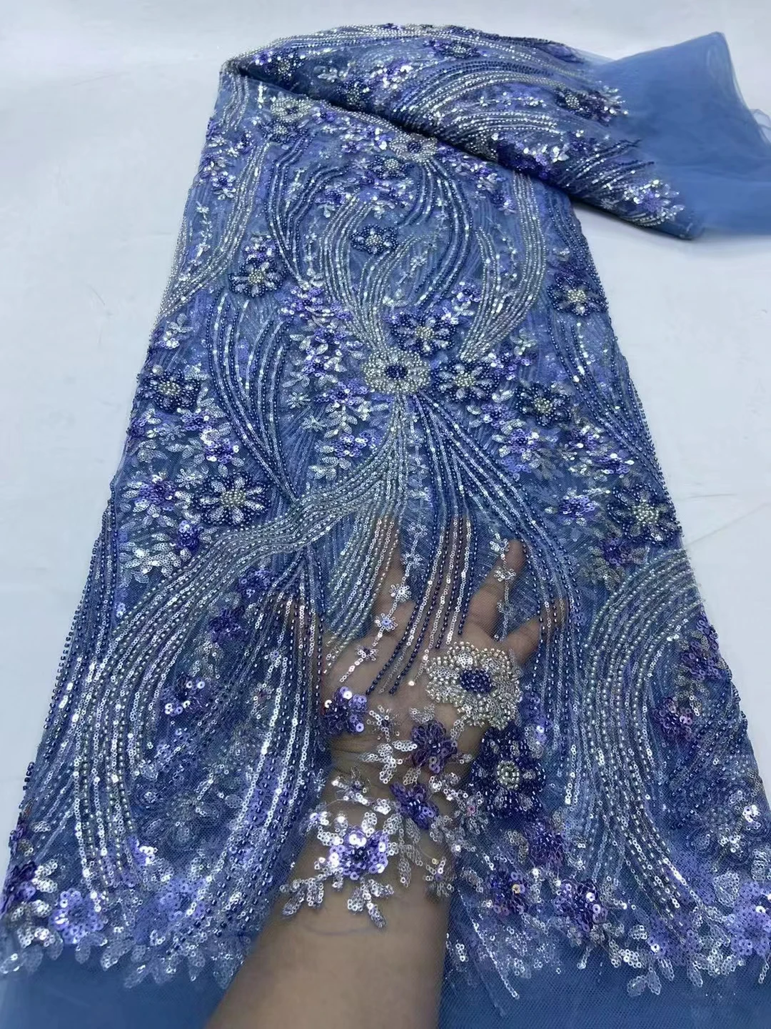 

Latest Blue African Lace Fabric 2024 Luxury French Sequins Mesh Lace Fabric High Quality Handmade Beaded For Wedding Dress JY