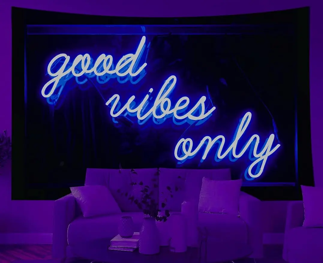 

Blue Neon Tapestry Good Vibes Only Words Glow in The Dark Tapestry for Teen Girl Bedroom Dorm Living Room Decor