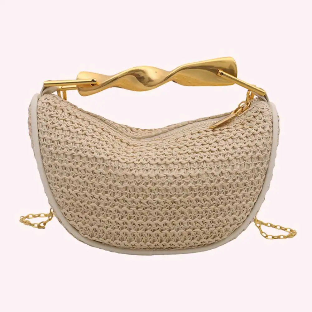 Straw Shoulder Bag with Metal Handle for Women Summer Beach