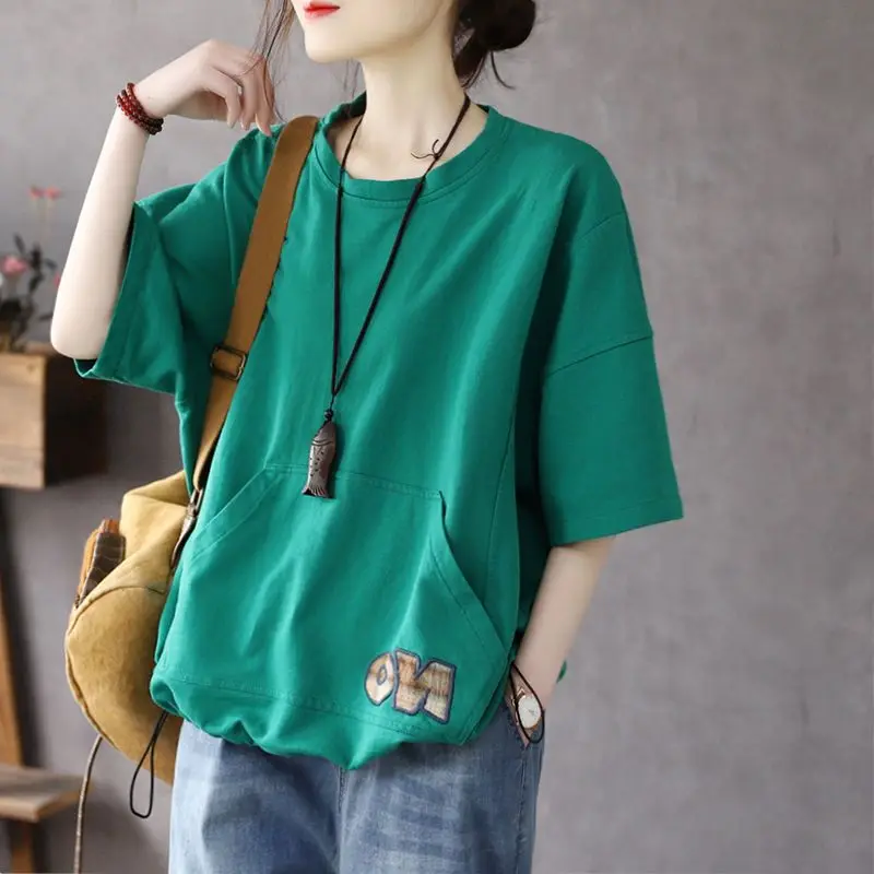 

Cotton Solid T-shirt Korean Version Casual Loose Labeling Pocket Women Long Sleeve Spring Summer Retro Lazy Short Sleeve