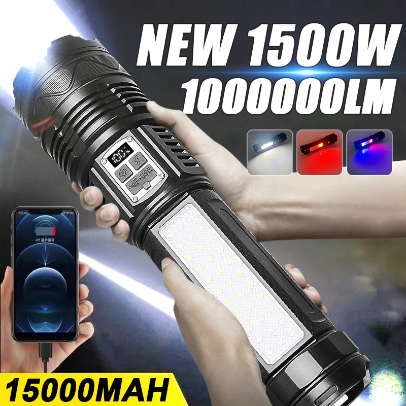 1000000lumens High Power Led Flashlights Built-in Battery 15000mah Tactical Flashlight Emergency Spotlight Most Powerful Lantern