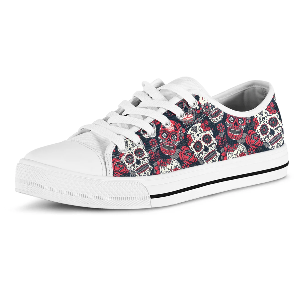 Red Sugar Skull Prints Women Canvas Shoes Lace Up Casual Vulcanize Shoes Woman Flats White Shoes Breathable Shoes