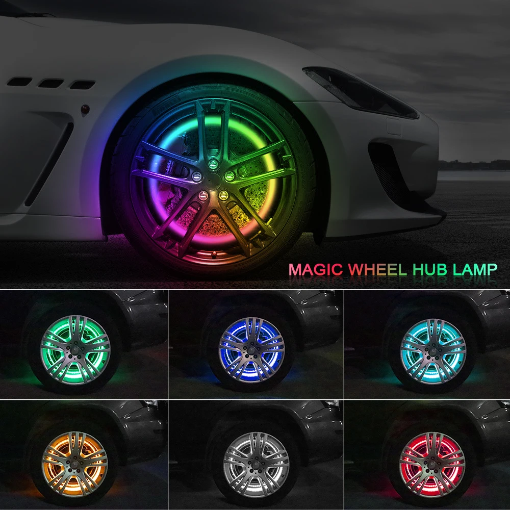 4pcs Car Hub Light LED APP/Remote Control RGB Wheel Tire Rim Light  Waterproof Adjustable Wheel Ring Colorful Auto Decor LED Lamp