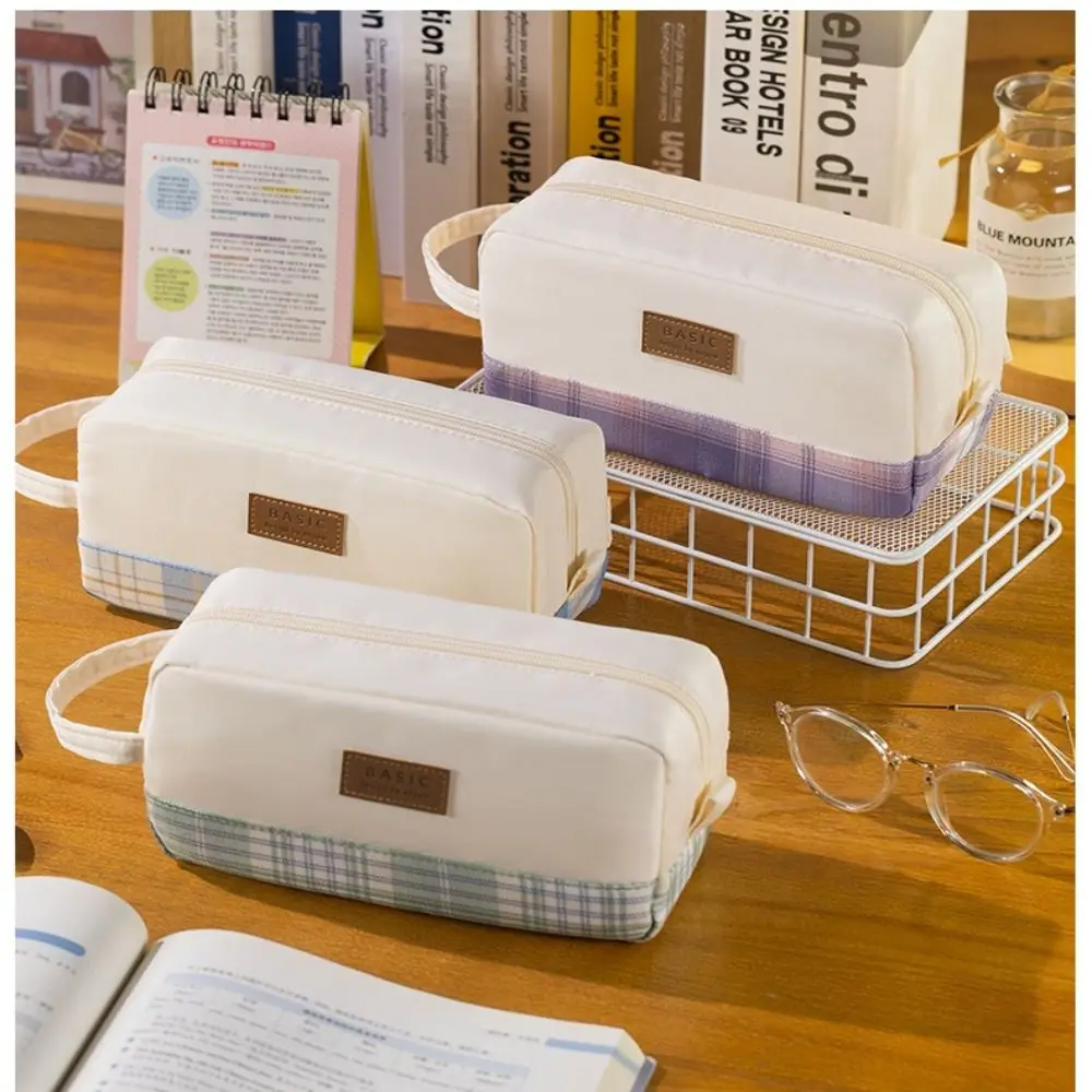 

Карандаш большой емкости, новинка, многофункциональная сумка для ручек в клетку, канцелярские принадлежности в простом стиле, подарок для студентов