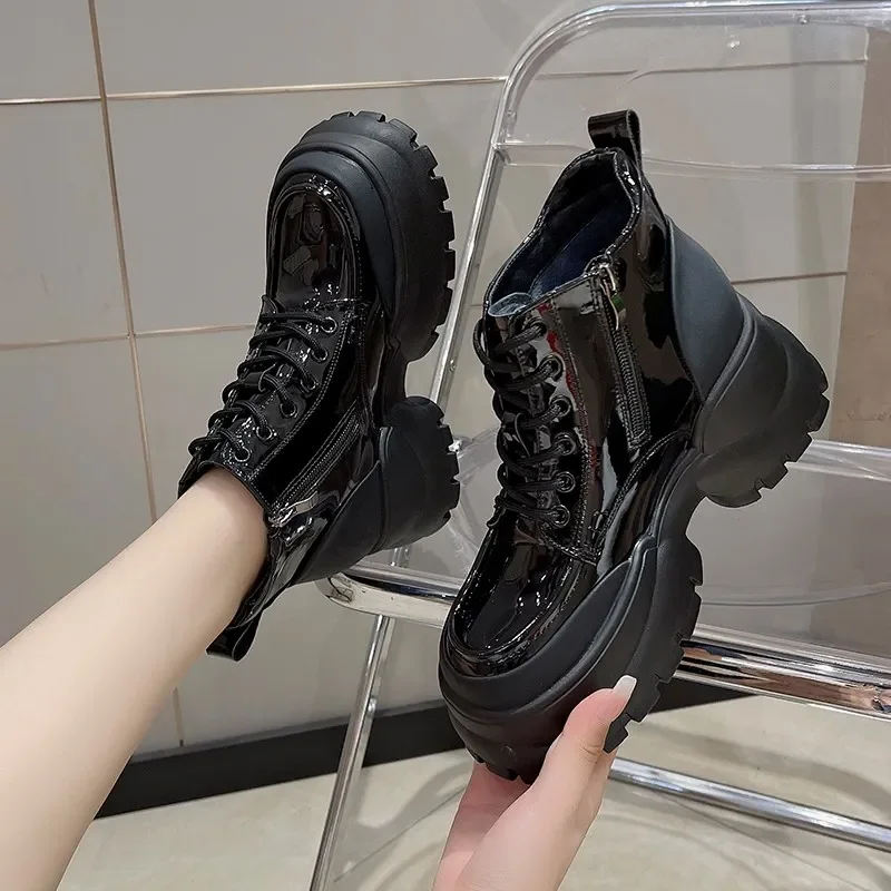 New Short Boots Women's Thick Sole Jelly Boots 2024 Lace-Up Boots Fashion Thick Sole Boots Women Autumn and Winter Shoes Female