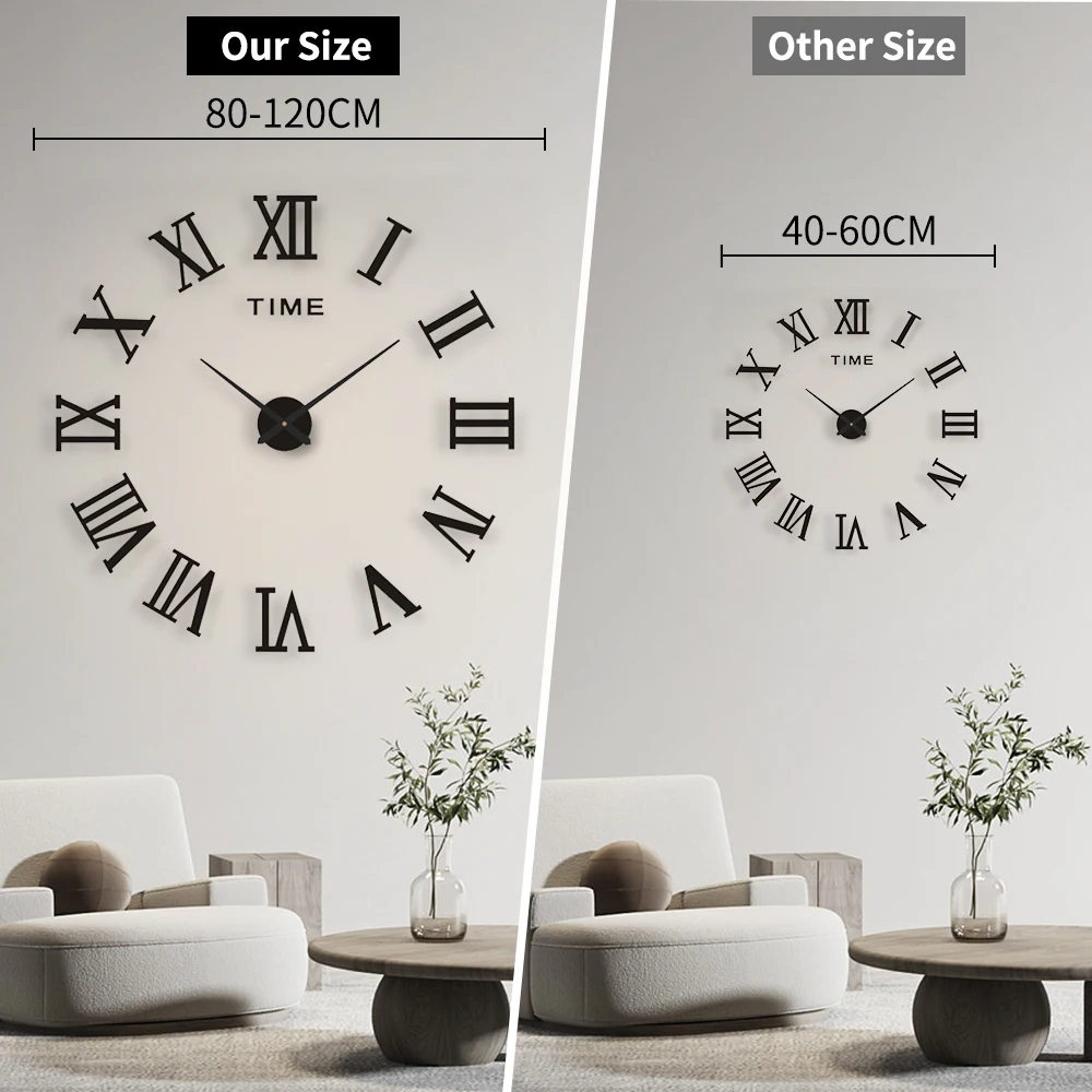 3D Large Roman Numeral Acrylic Mirror Wall Clock Sticker Fashion DIY Quartz Clocks Watch Home Decoration Living Room Stickers