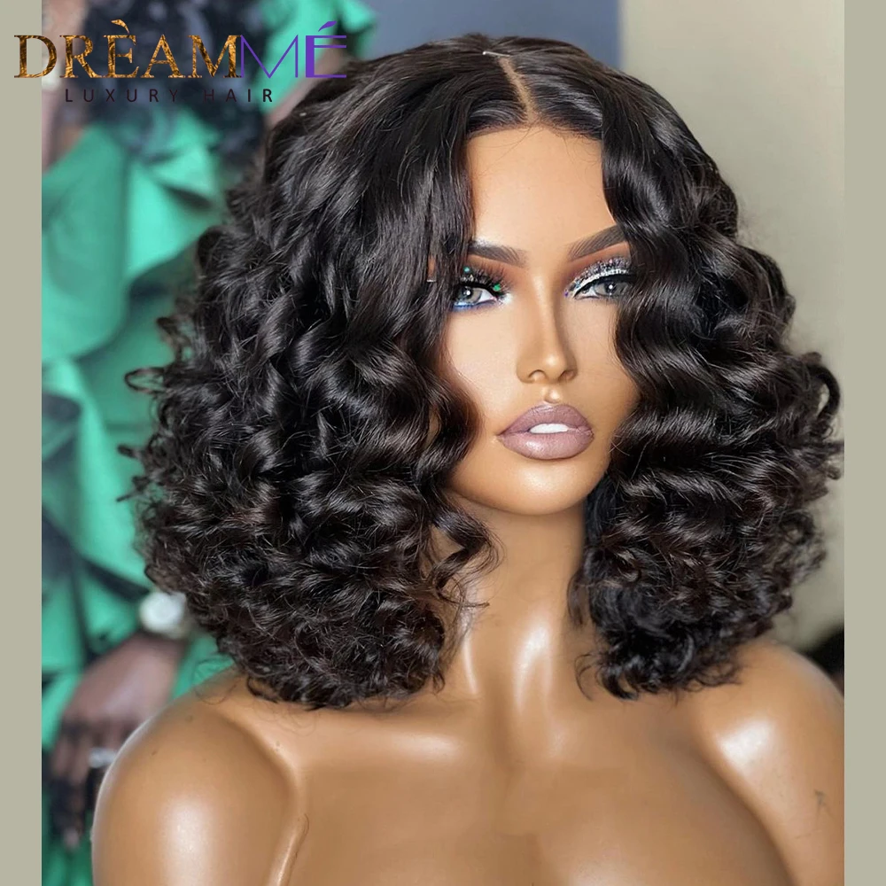 Brown Bouncy Curly Short Bob Wig 4x4 Lace Closure Human Hair Wigs For Women  Loose Deep Wave Wig Lace Wig Pre-Plucked Brazilian