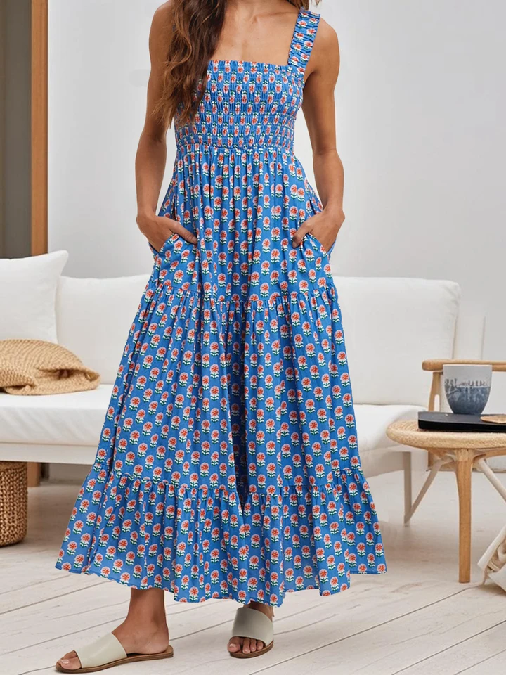 Women Boho Floral Maxi Dress with Pockets