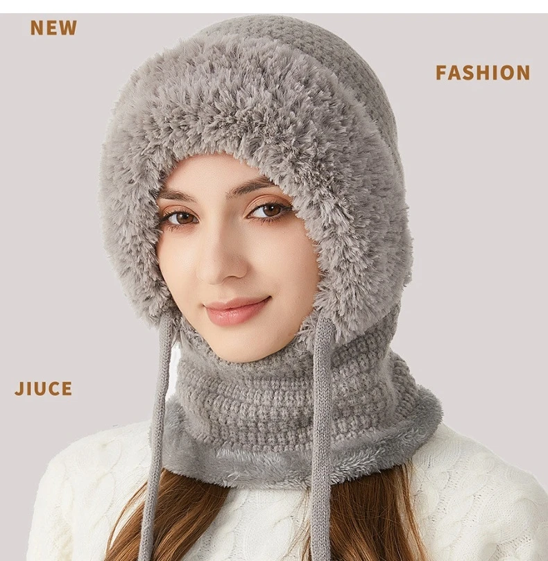 S4926ee7d76d041ee9a2cbdd201f0d090T Big Head Fit One-piece Hat Women Winter Padded Thickened Face Covering Knitted Hat Neck Mask Warm Large Size Soft Mallzona