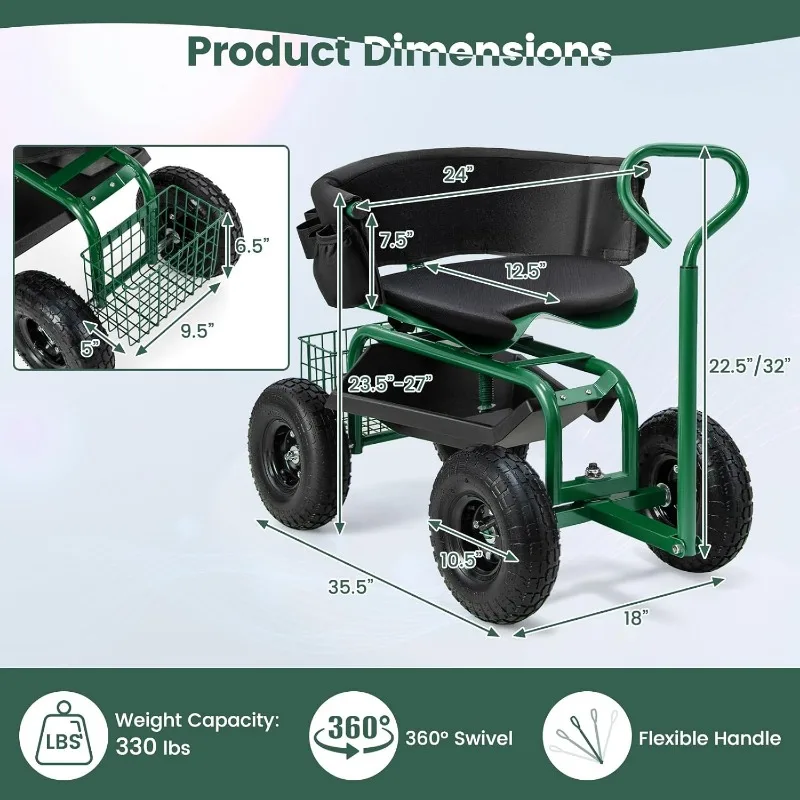 Garden Cart, Outdoor Rolling Garden Scooter W/Adjustable 360 Degree Swivel Seat, Tool Tray & Storage Basket, Extendable