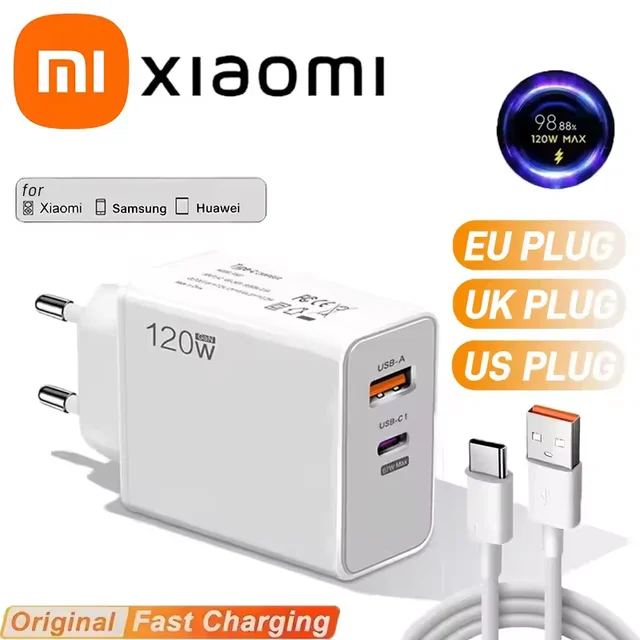 Xiaomi 120w EU US UK Mobile Phone Charger Super Fast Charging Head Flash Charging Suitable For Apple Xiaomi Huawei Samsung 2025 2