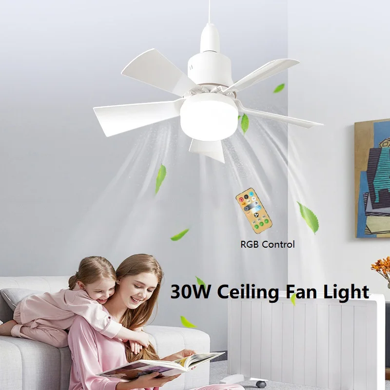 

LED 30W ceiling fan light E27 with remote control for dimming, suitable for living room, study, household use, 85-265V Mini fan