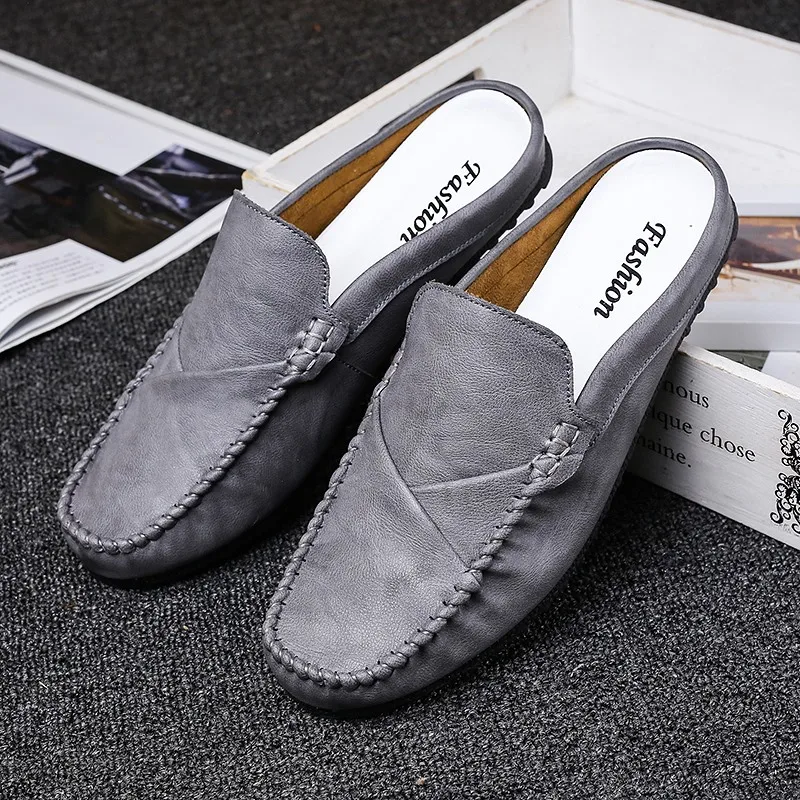 

2023 Best Selling Male Pu Leather Shoes Black Gray Half Slippers for Man Fashion Youth Casual Shoe Half Drag Walking Shoes Mens