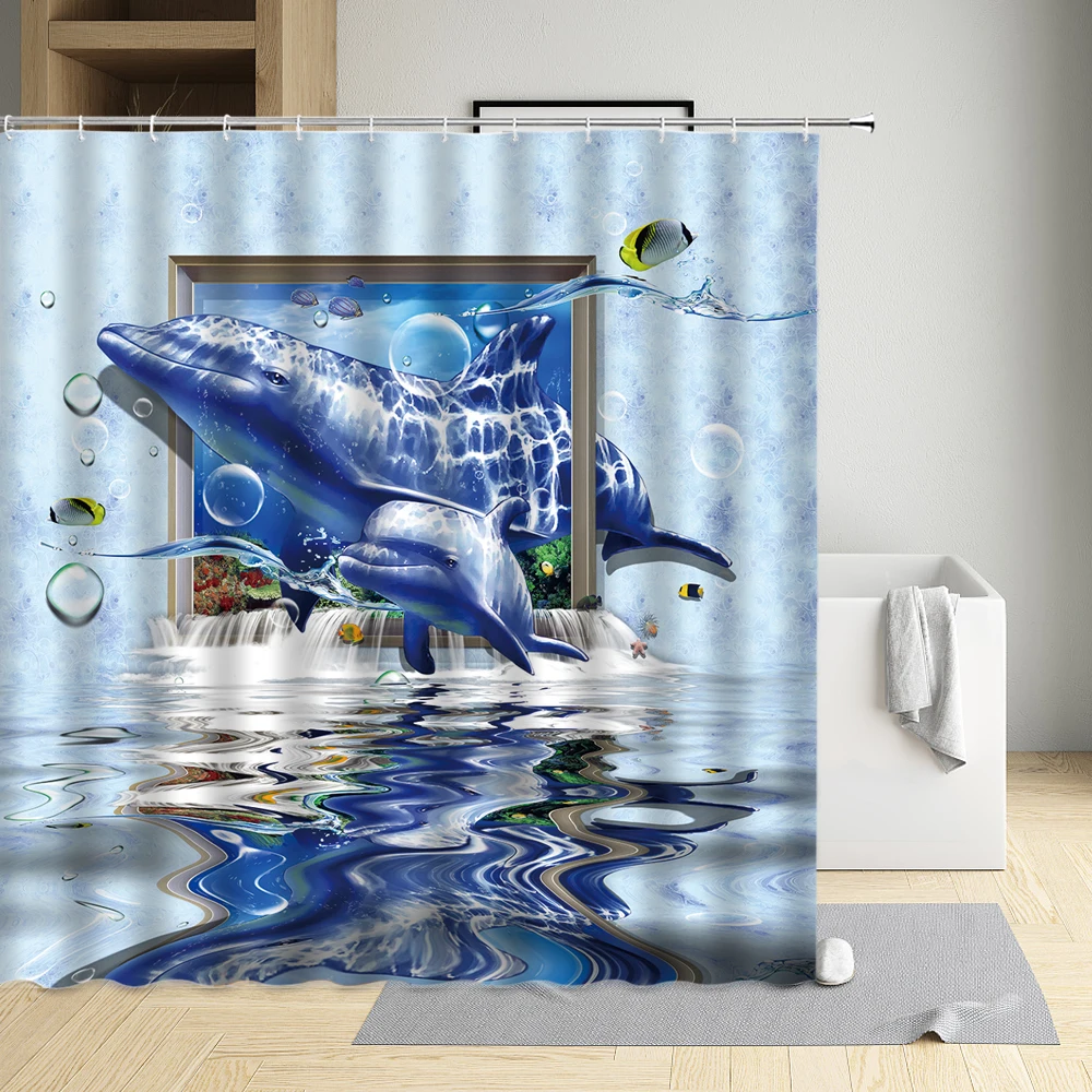 Marine Life Dolphins Creative Shower Curtain Coral Fish Hippocampus Starfish Cloth Bathroom Decor Washable Bath Screen With Hook