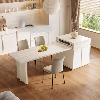 Tavolo da Pranzo Nordico Bianco con 1 Sedia, Allungabile Elettricamente, per Ristorante, Cucina, Isola, Moderno e Lussuoso, Mesa Comedor