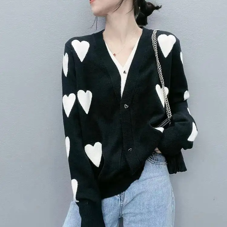 Fashion V-neck Contrast Love Jacquard Cardigan Long Sleeve Knitted Sweater Loose Skinny Women's Fall/Winter New C Women's Wear long sweater