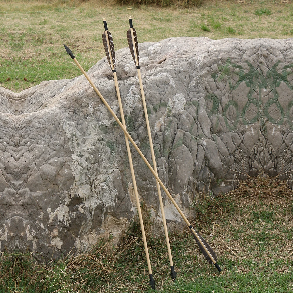 Huntingdoor Lot de 6 flèches de chasse en bois faites à la main - Plumes de dinde naturelles - 81.3 cm - Cible avec pointe large en métal grain 150 - Pour