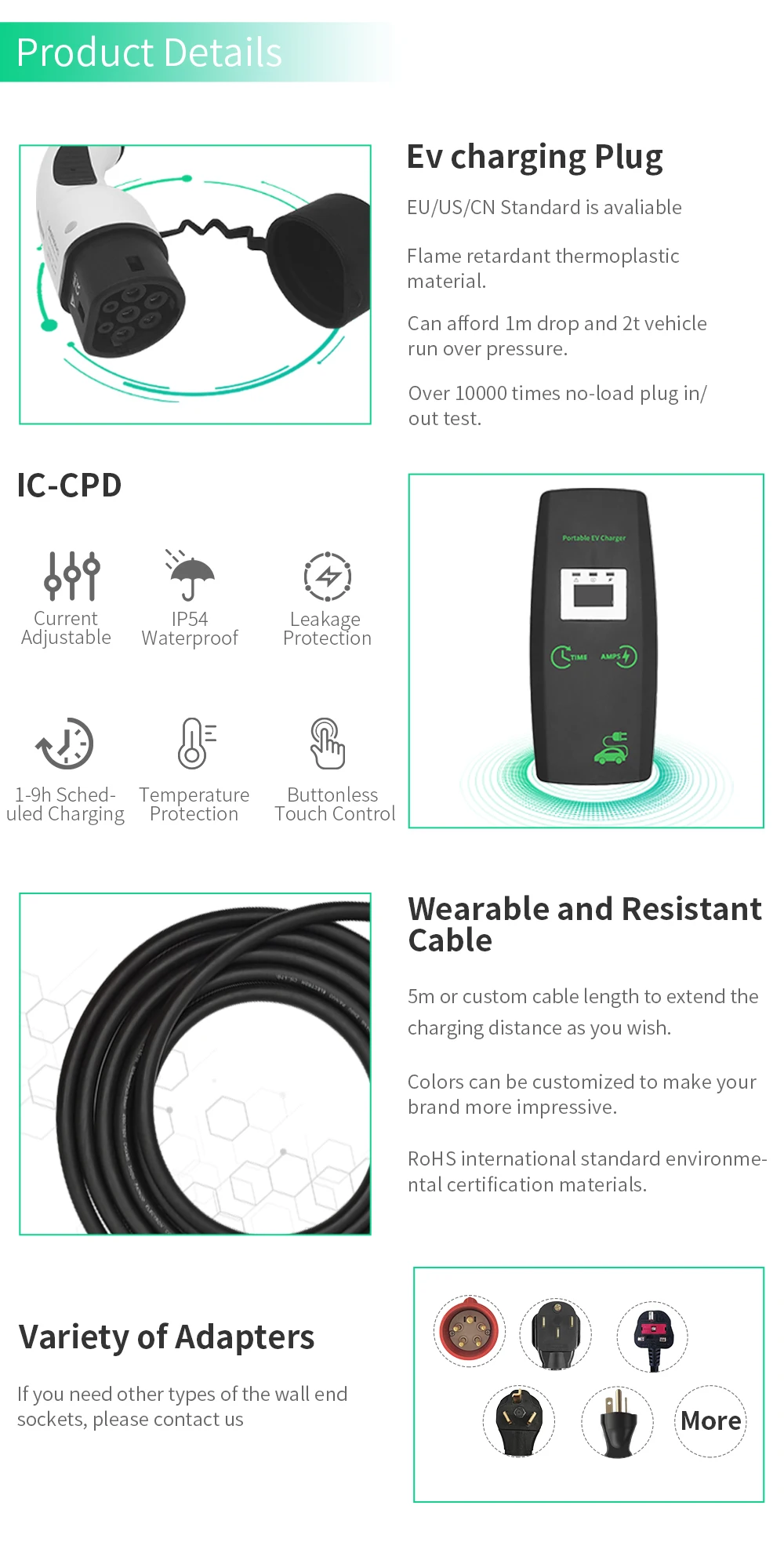 Khons Portable Electric Car Charger 11kw 7kw Charger Type2 Charger Cable 16A 32A EV Charger Three Phase EVSE Charging Box 19