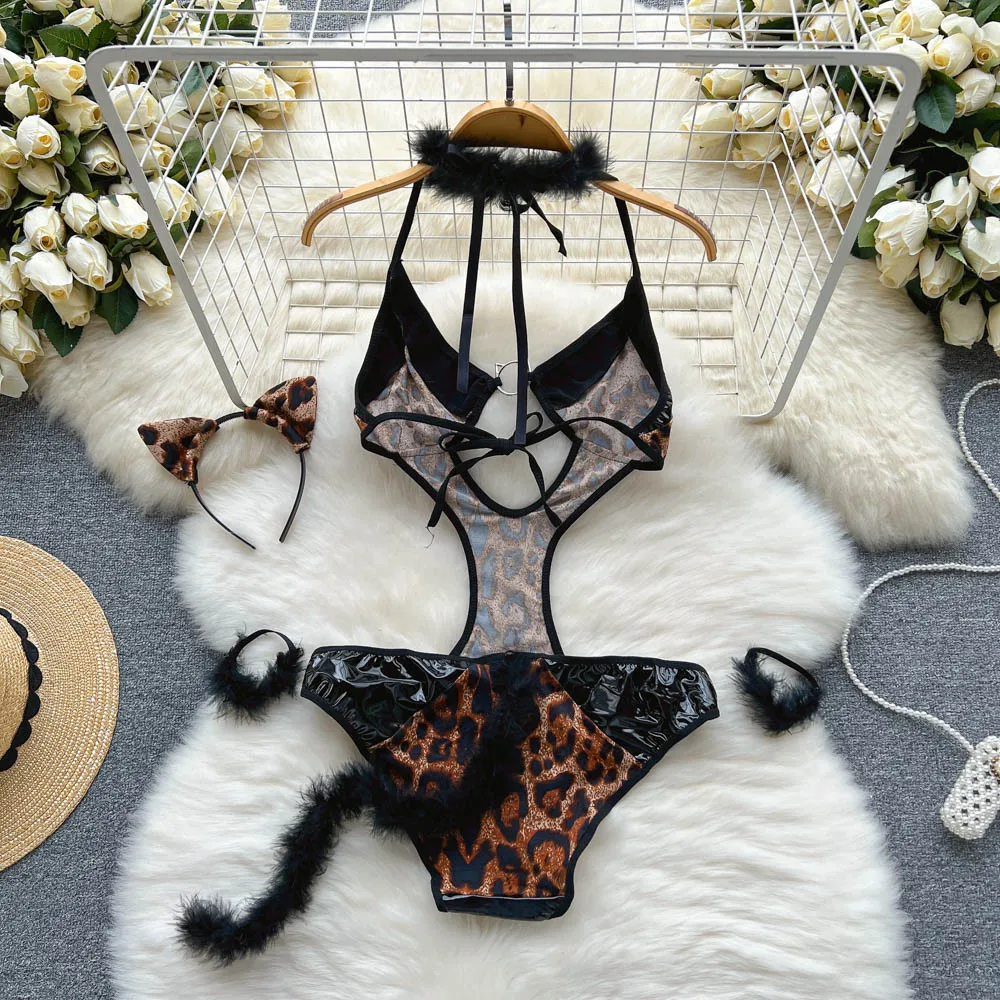 Plush Halter Jumpsuit Leopard Print Hollow Out Playsuit Sexy Cosplay Uniform PU Leather Patchwork Catsuit Women Erotic Lingerie